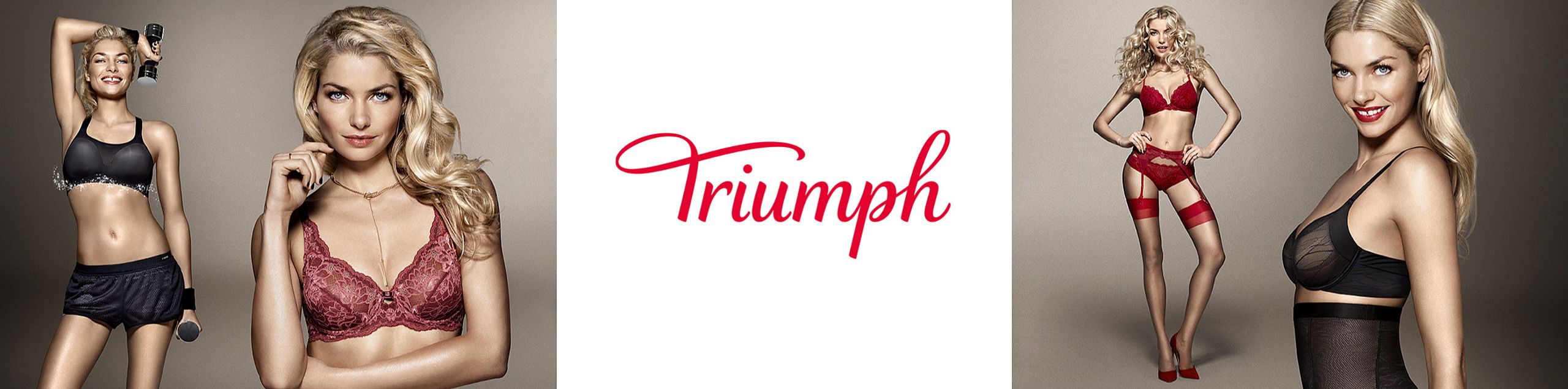 Women modeling elegant Triumph lingerie in various styles—sporty, lacy, and classic—set against a neutral background with the brand logo in the center.