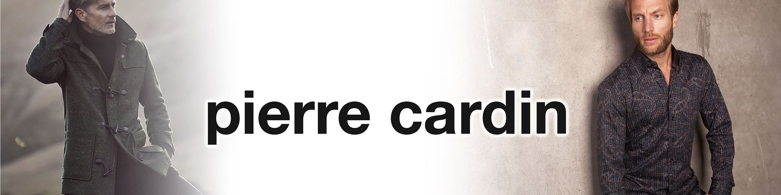 On the left, a man in a dark green toggle coat walks through a windy outdoor setting. On the right, another man leans against a wall wearing a fitted patterned shirt. In the center, the black “pierre cardin” logo appears on a white background.