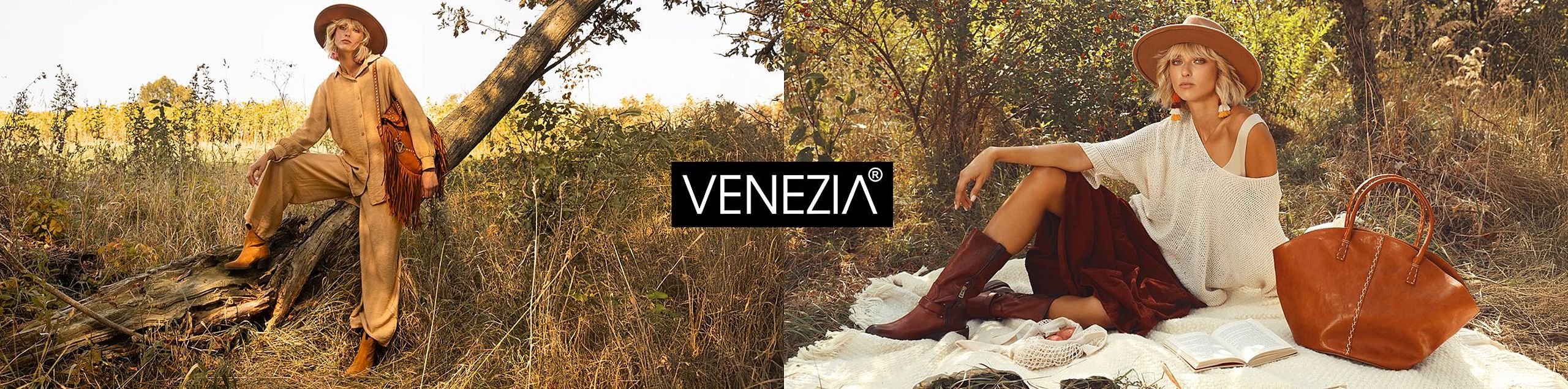 Stylowa kobieta w beżowym kombinezonie i kapeluszu oraz w białym swetrze z bordową spódnicą i kowbojkami, prezentująca modę jesienną VENEZIA na tle natury, z dużą skórzaną torbą.