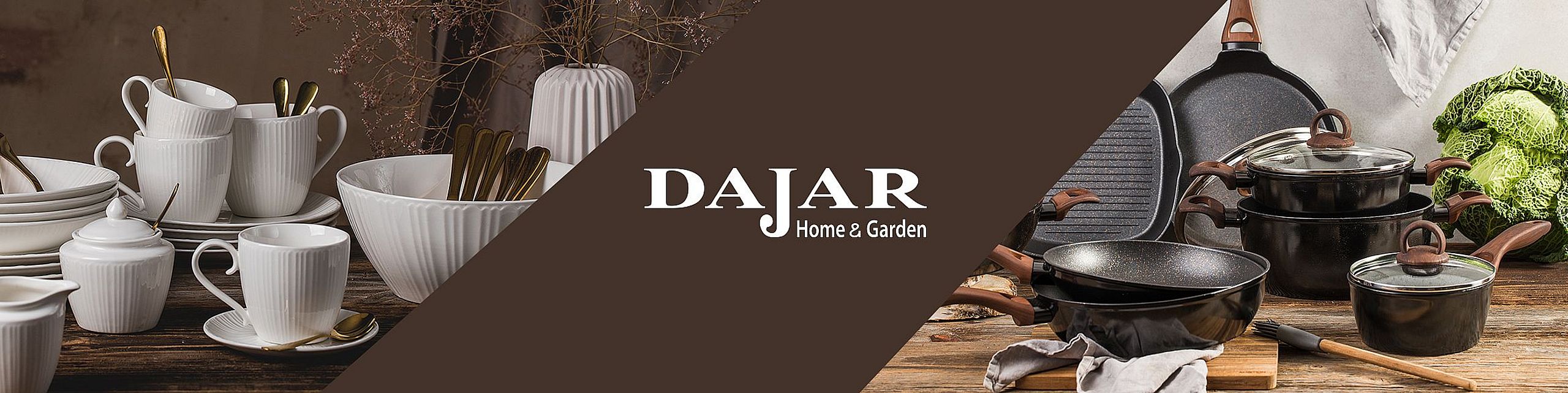 The image is diagonally split into two sections. On the left, elegant white porcelain — cups, teapots, bowls, and golden cutlery on a wooden table. On the right, a set of modern black pots and pans with glass lids arranged in a kitchen setting. In the center, a brown banner with the logo: “DAJAR Home & Garden”.