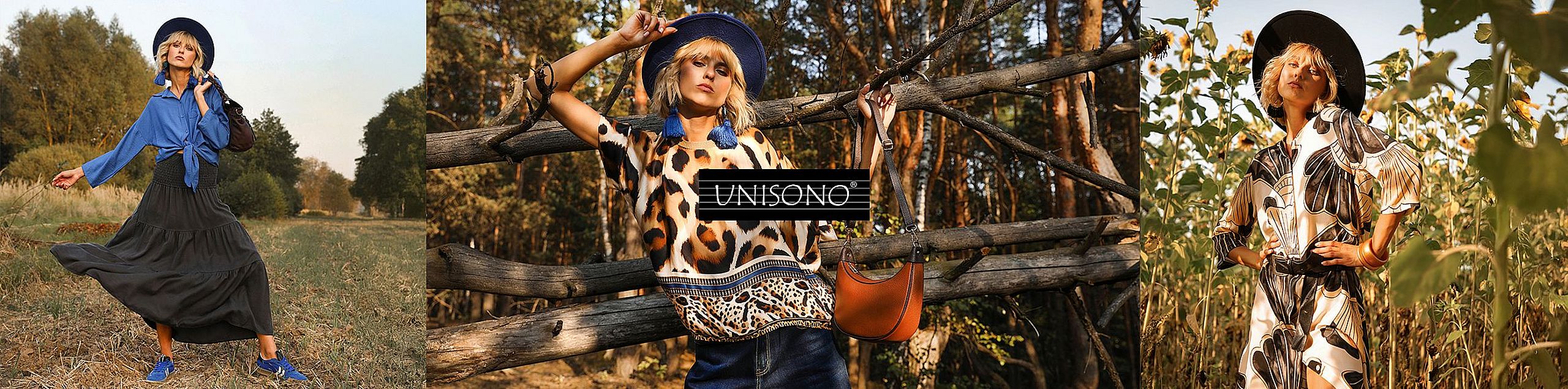 Kobieta w stylowych, jesiennych stylizacjach UNISONO: niebieskiej koszuli z długą czarną spódnicą, tunice w panterkę i kwiecistej sukience, pozująca na tle natury – łąki, lasu i pola słoneczników.