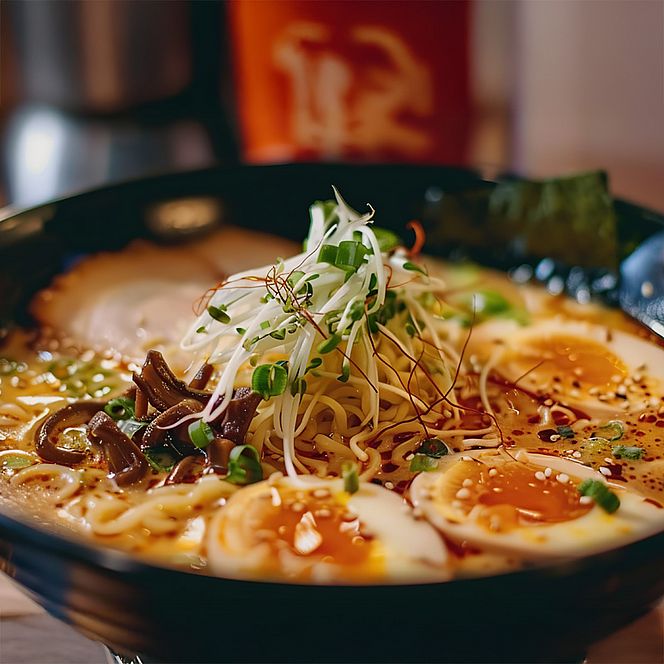 Miseczka ramen z jajkiem na półmiękko, kiełkami, grzybami, szczypiorkiem i ostrym olejem chili, podana w czarnej misce.