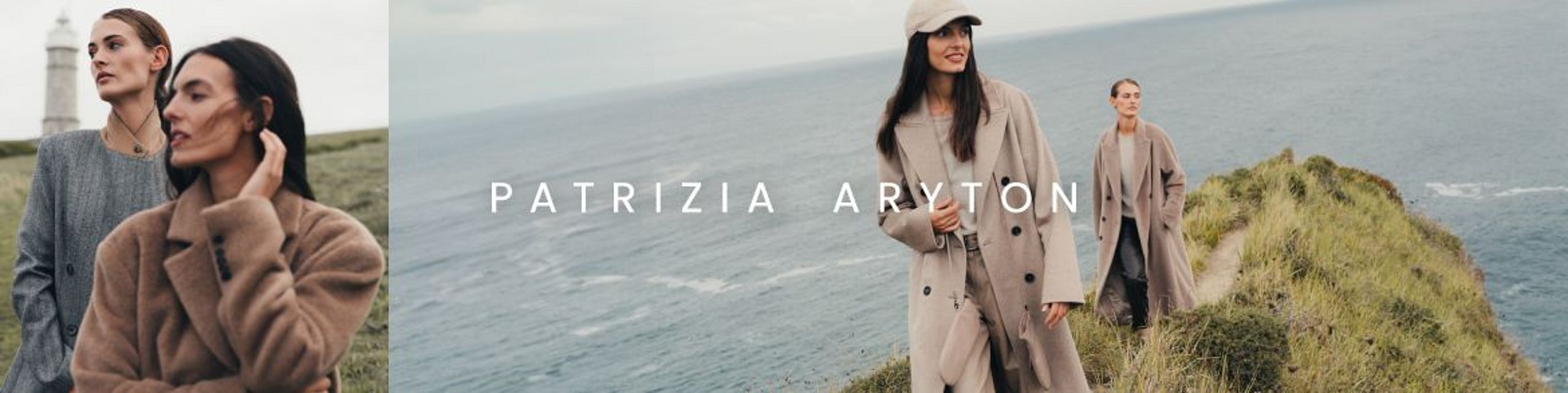 Two elegant women in long, classic coats walk along a cliffside overlooking the sea. On the left, a close-up highlights their autumn outfits. In the center of the image is the white “PATRIZIA ARYTON” logo.