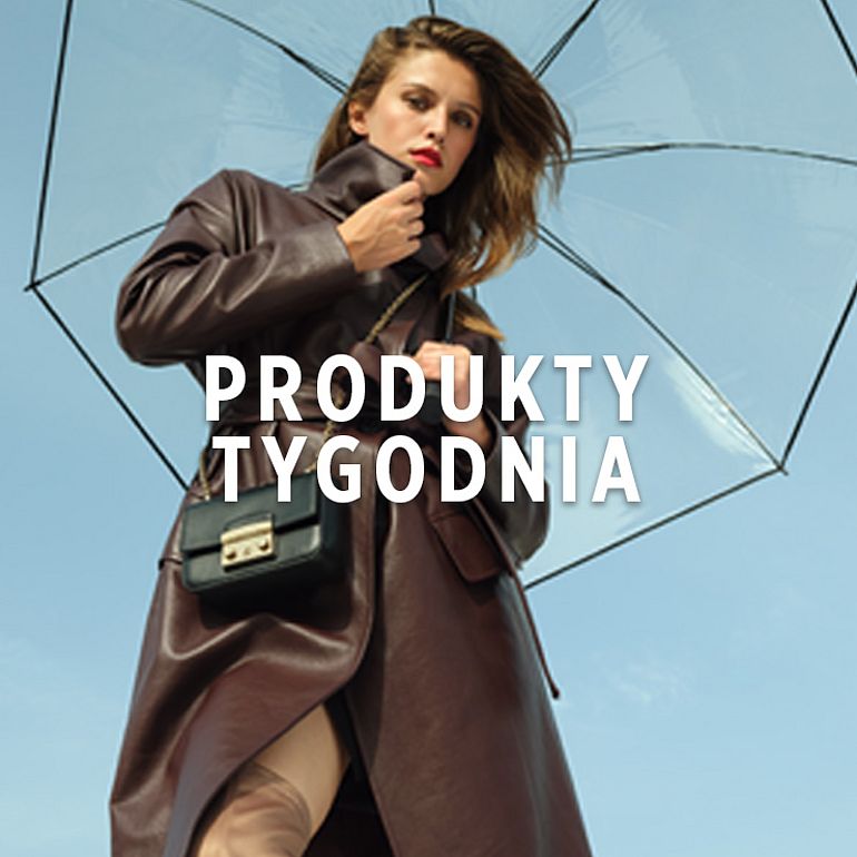 PRODUCTS OF THE WEEK Woman in leather coat with umbrella, text: “Autumn collections 30–70% off”.