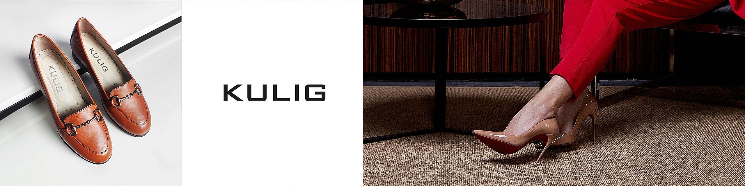 Po lewej stronie eleganckie, brązowe loafersy damskie z metalową ozdobą i logo „KULIG” widocznym na wkładce. Po prawej kobieta w czerwonych spodniach nosi lakierowane szpilki w odcieniu nude, siedząc przy stoliku. Na środku znajduje się czarne logo „KULIG” na białym tle.