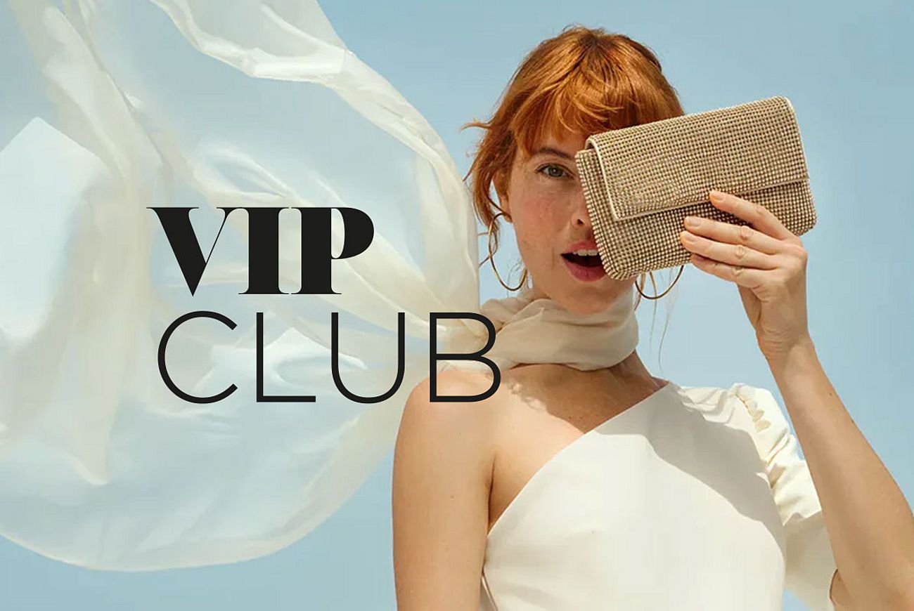 A woman in an elegant white dress holding a golden clutch against a sky background, next to the text “VIP SALE 19–24 MAY