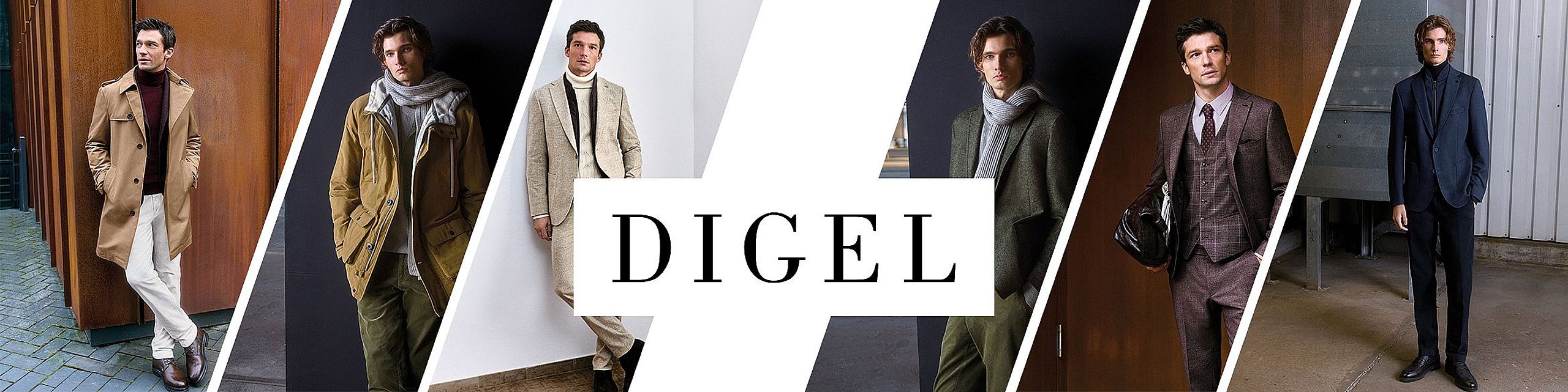 Baner marki Digel – eleganckie stylizacje męskie: płaszcz, marynarka, garnitur i casualowe zestawy