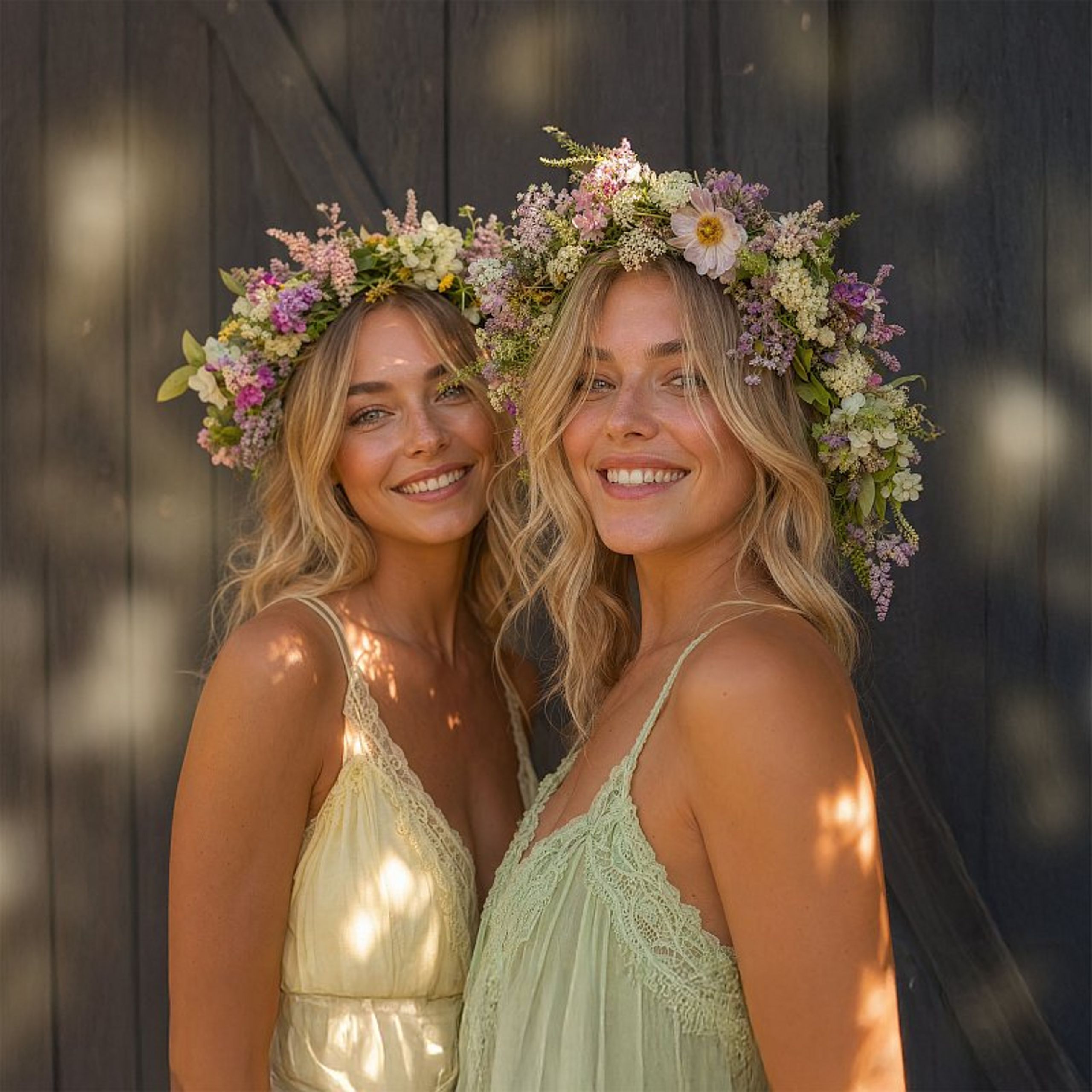 two girls with wreaths on their heads