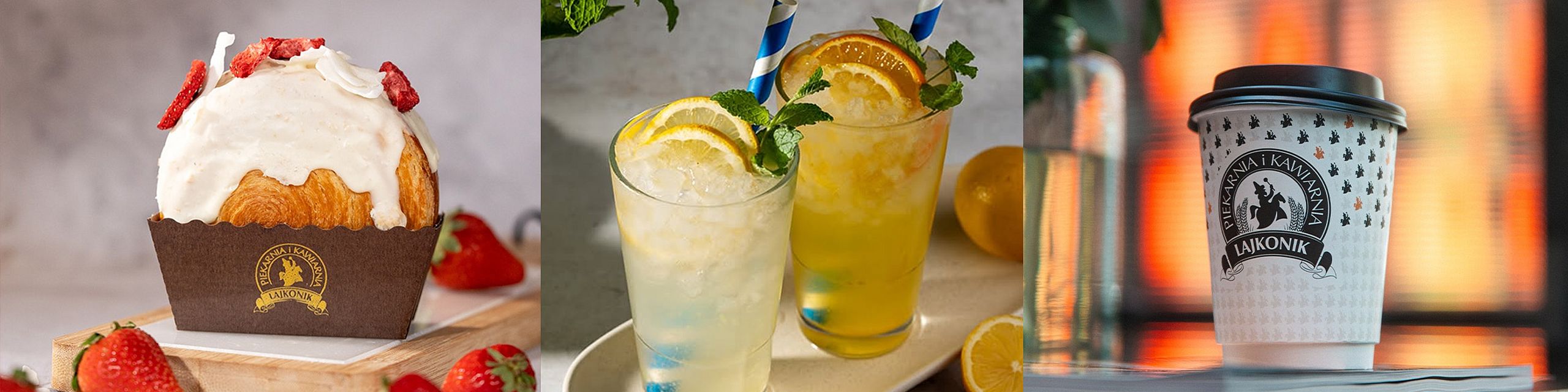 Trzy apetyczne ujęcia produktów z Piekarni i Kawiarni Lajkonik. Po lewej drożdżówka z lukrem i truskawkami w brązowym papierowym opakowaniu z logo. Po środku dwa orzeźwiające napoje cytrusowe z lodem, miętą i plasterkami cytryny w szklankach ze słomkami. Po prawej kubek na wynos z kawą z charakterystycznym wzorem i logotypem Lajkonik na tle rozmytego, ciepłego światła.