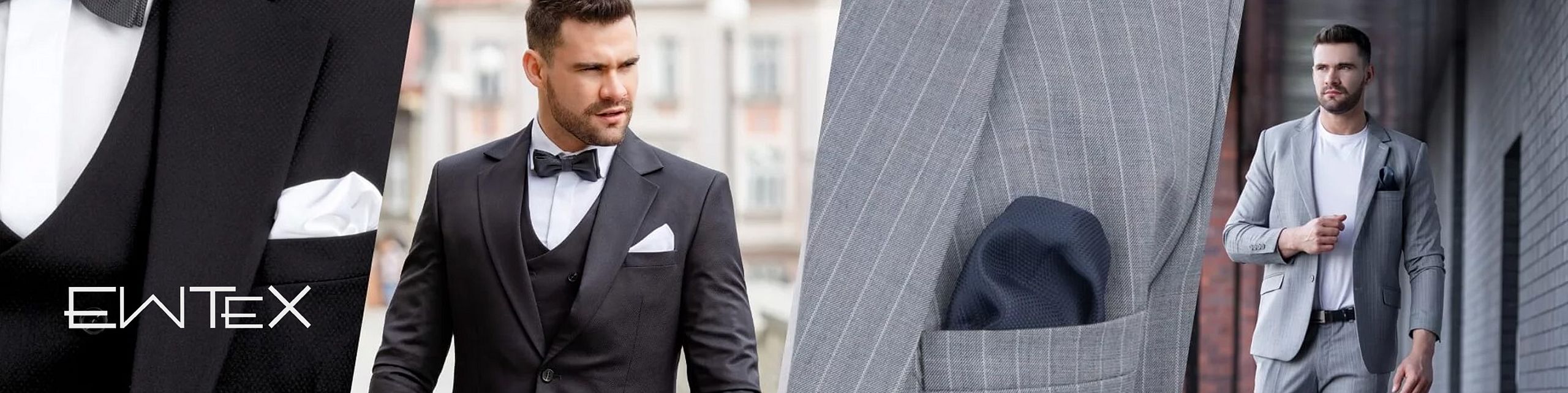 A collage showcasing elegant men's suits from the EWTEX brand. On the left, a close-up of a black suit with a white pocket square and the brand's logo. In the center, a man wears a classic dark tuxedo with a bow tie. On the right, details of a light gray pinstripe suit and a man in a stylish light outfit with a navy pocket square are visible.