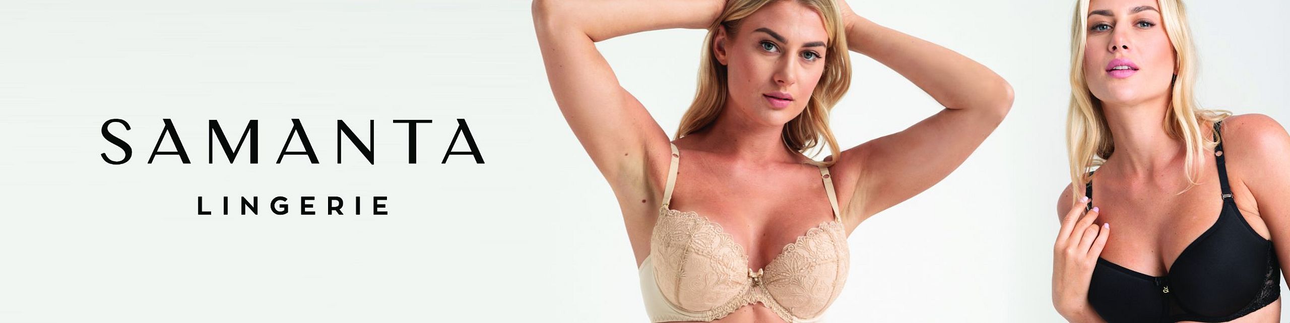 Two women model elegant lingerie by Samanta – one wearing a beige lace bra, the other in a classic black one. Both pose against a light background. On the left side, the black “SAMANTA LINGERIE” logo is visible.