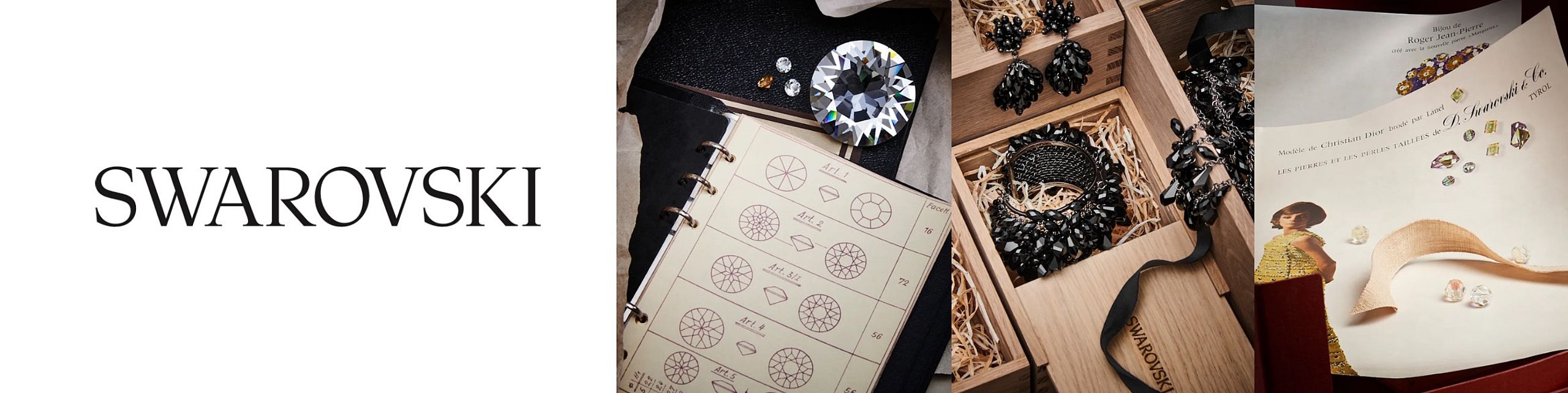 Logo Swarovski po lewej stronie. Po prawej: szkicownik z projektami szlifów kryształów, elegancka drewniana szkatułka z czarną biżuterią oraz ilustracja przedstawiająca historię marki i kolorowe kamienie ozdobne.