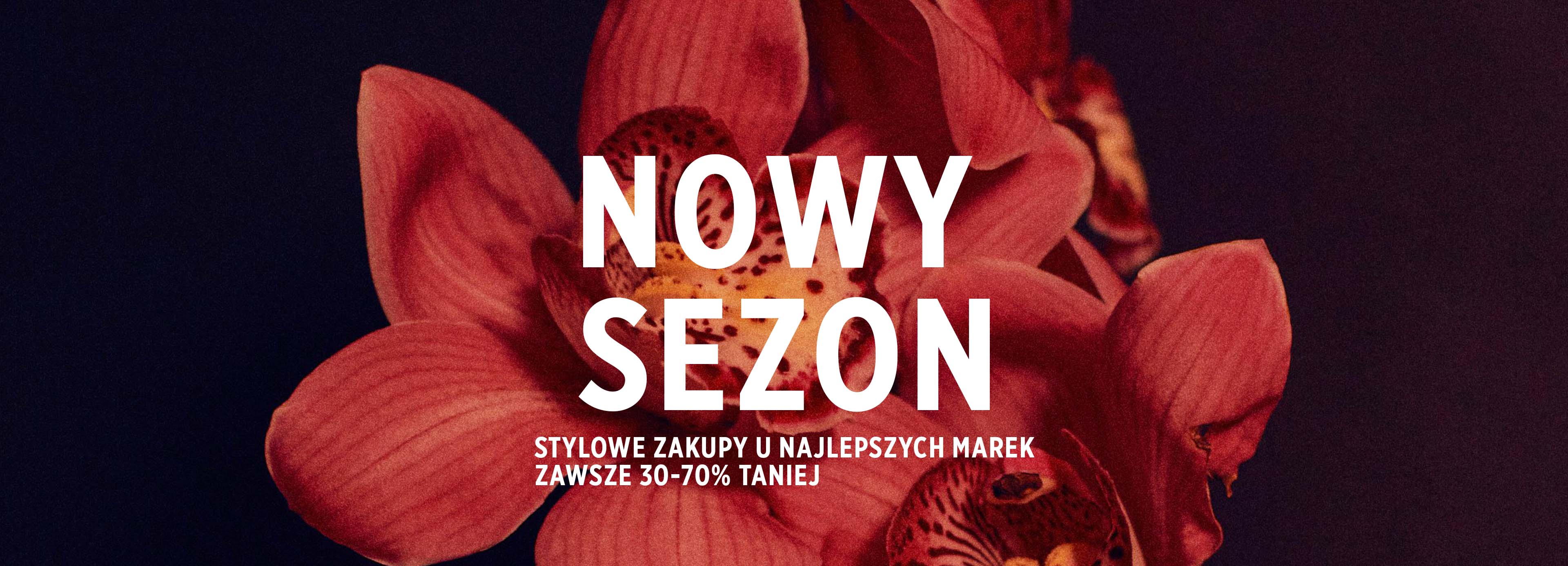 A red flower on a dark background with the inscription: NEW SEASON – Stylish shopping from the best brands, always 30–70% off.