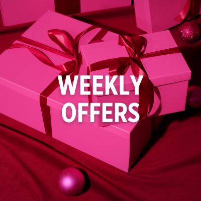 Pink gifts decorated with a red ribbon on a background of the same color, with the inscription ‘PRODUCTS OF THE WEEK’.