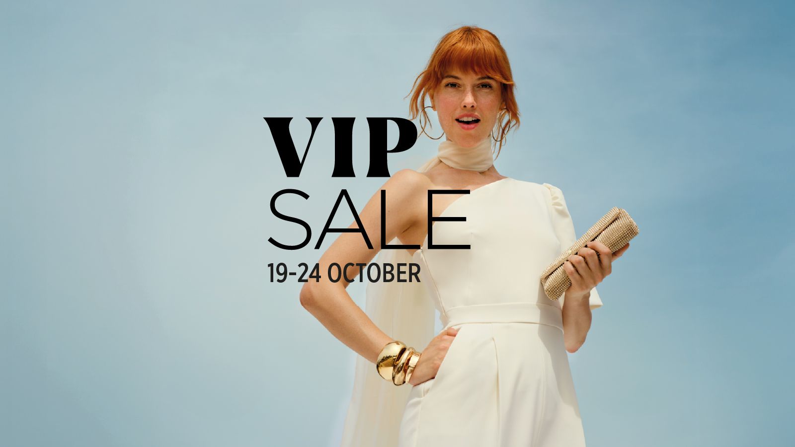 A woman in an elegant white outfit holding a clutch against a blue sky, with “VIP SALE” text.
