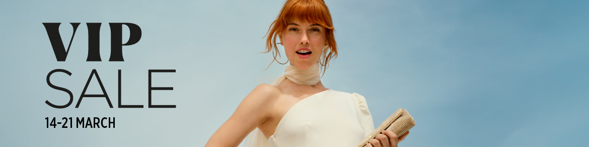 Promotional banner “VIP Sale” with dates March 14–21 and a photo of a woman in a light dress holding a clutch against a light sky background.