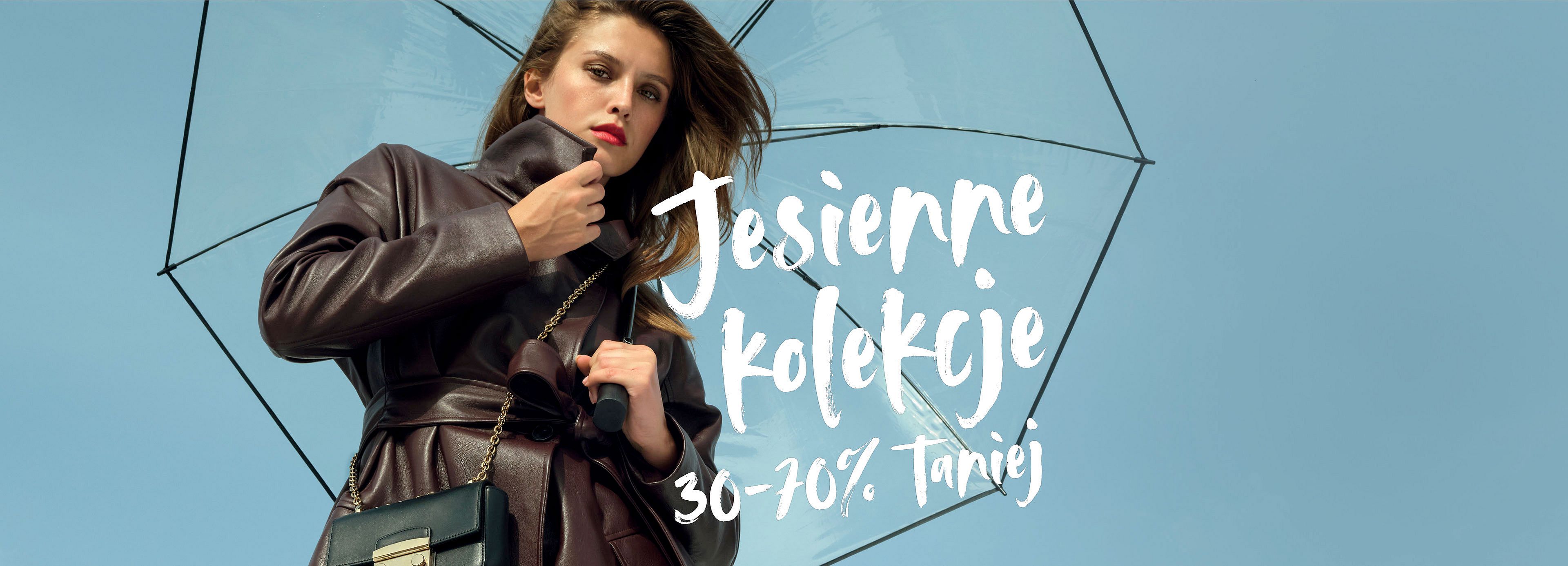 Kobieta w skórzanym płaszczu z parasolką, tekst: „Jesienne kolekcje 30–70% taniej”.