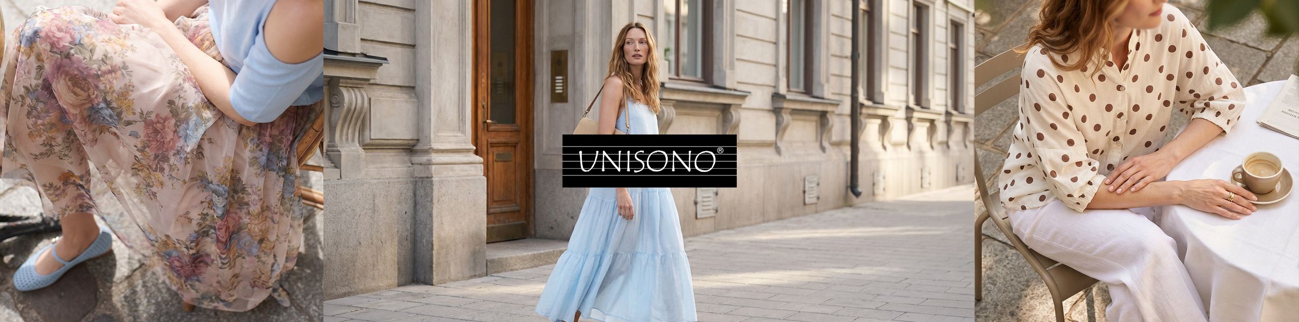 Pastel summer dress on a city street background