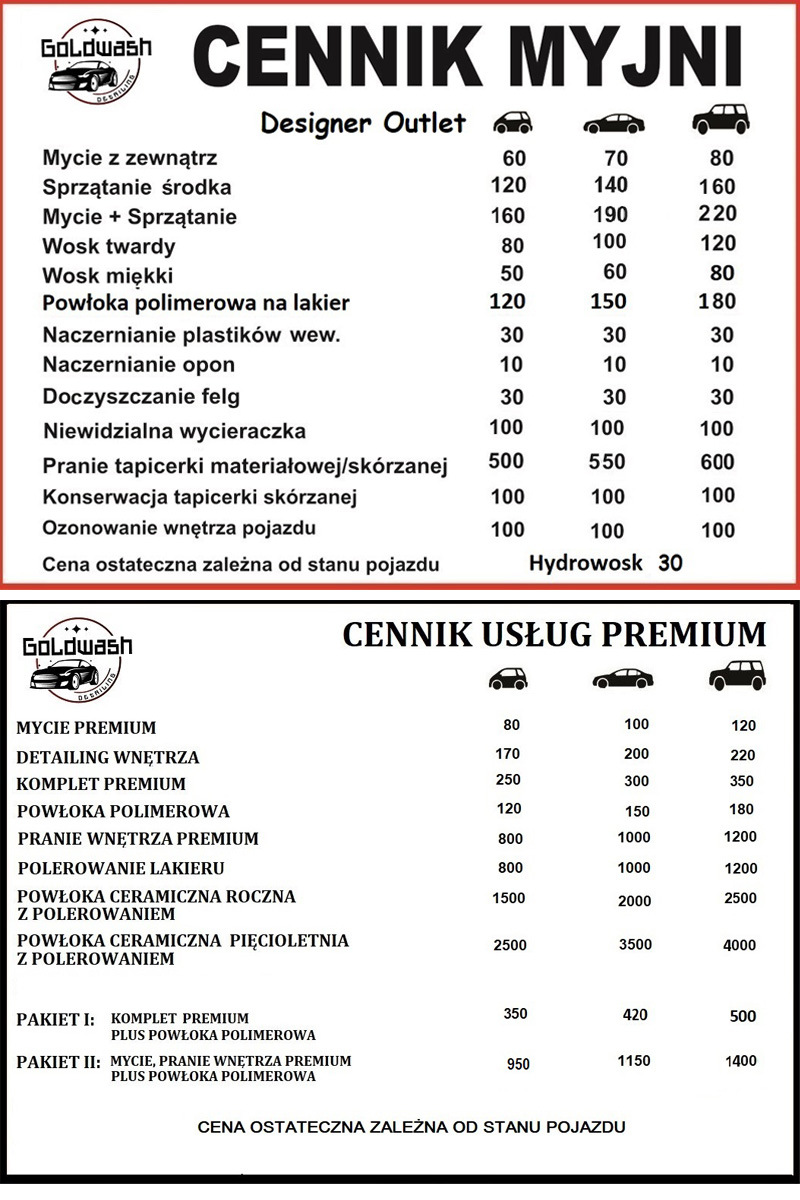 Szczegóły cen w myjni samochodowej GoldWash